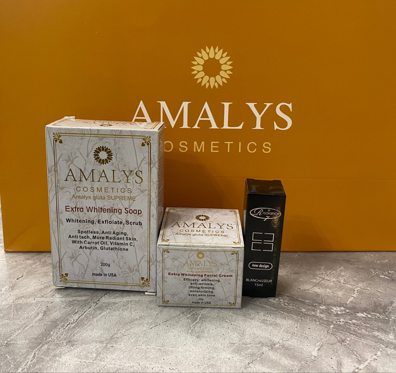 Amalys Supreme Extra Whitening Soap + Extra whitening facial cream + Radiance 7 Lightening Repair Serum