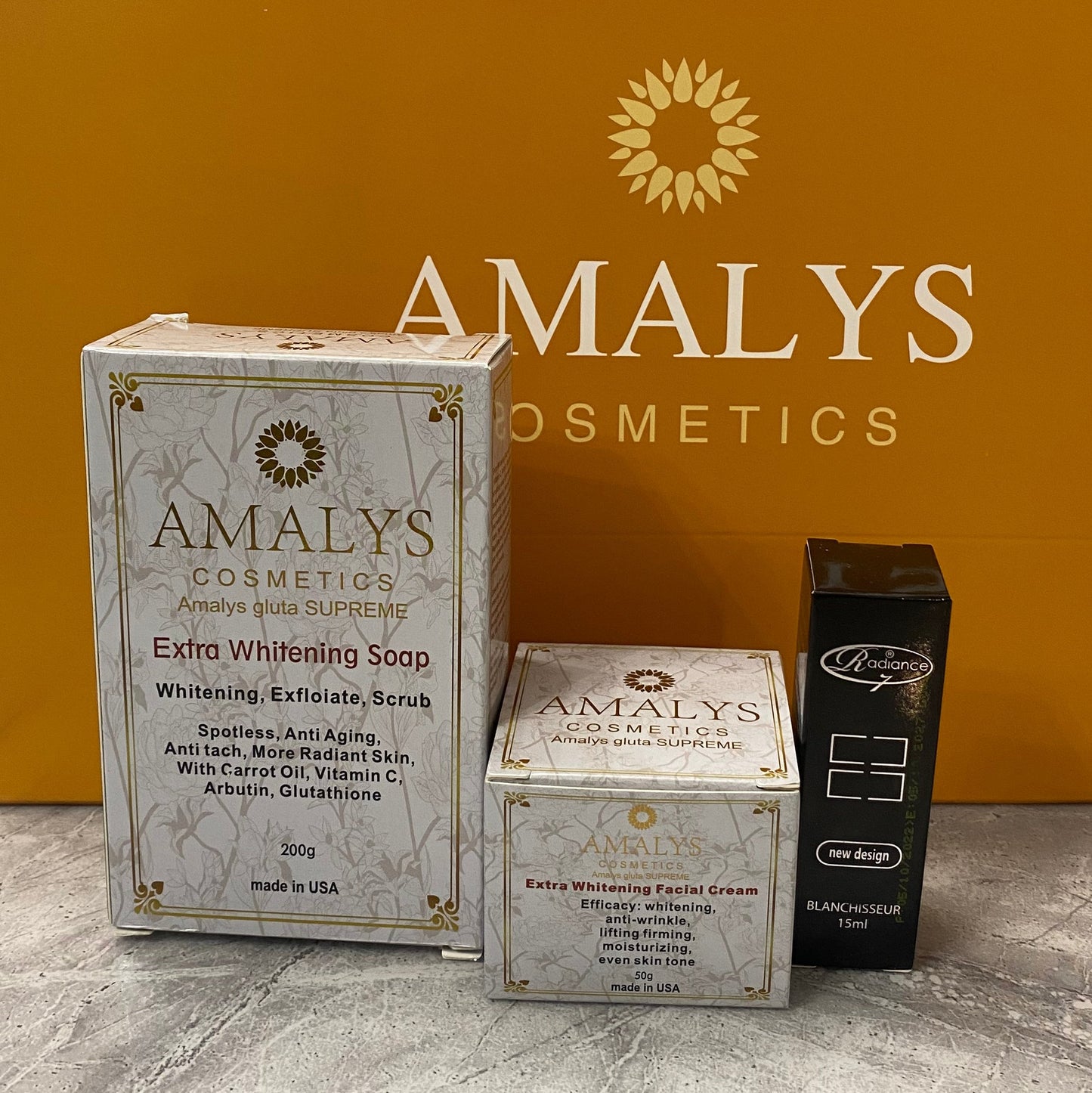 Amalys Supreme Extra Whitening Soap + Extra whitening facial cream + Radiance 7 Lightening Repair Serum