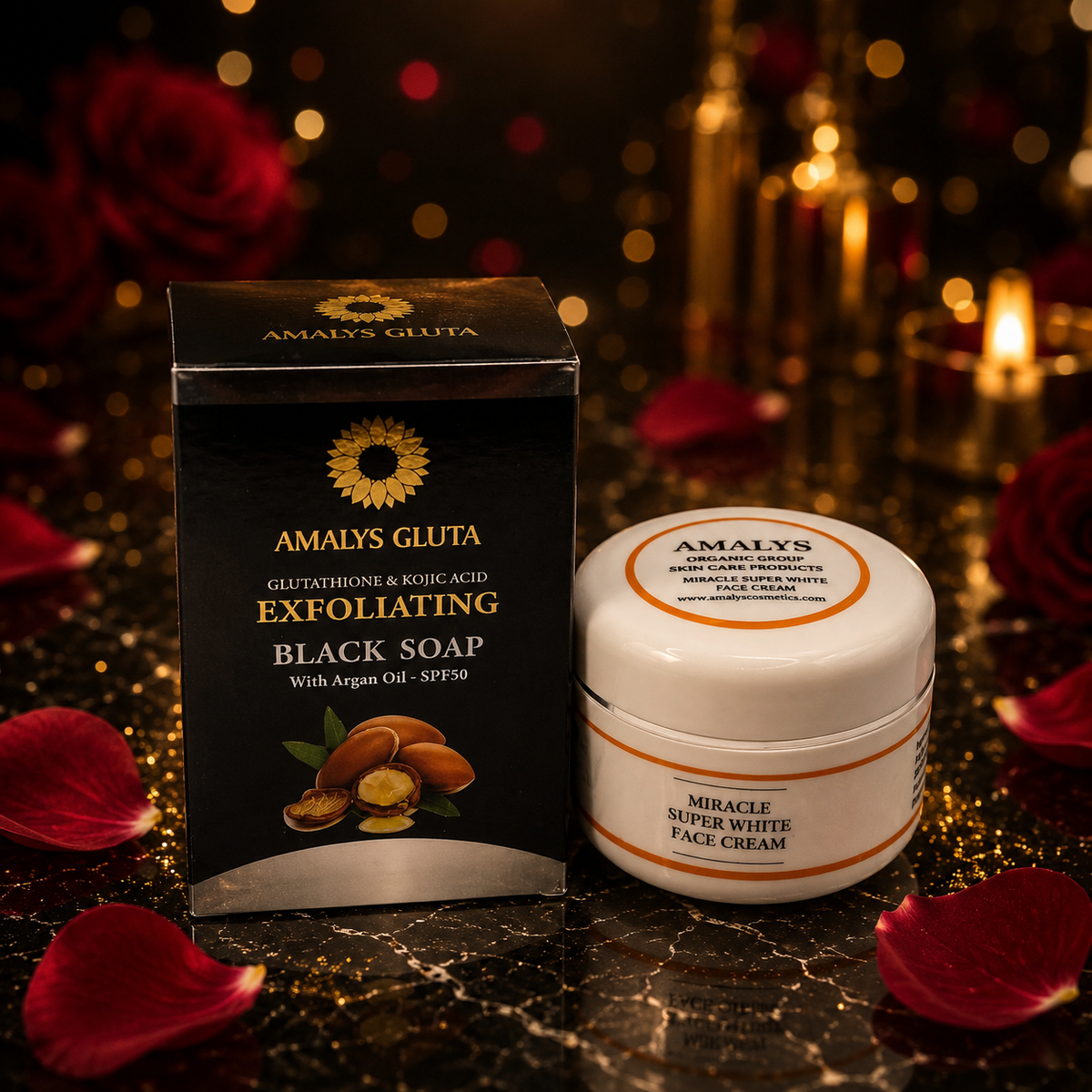Amalys Gluta Exfoliating Black Soap & Miracle Super White Face Cream – Skincare Set