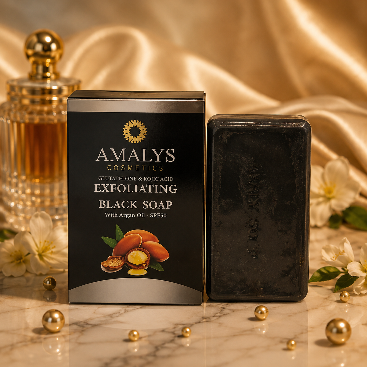 Amalys Cosmetics Glutathione & Kojic Acid Exfoliating Black Soap – Argan Oil & SPF50, 250g