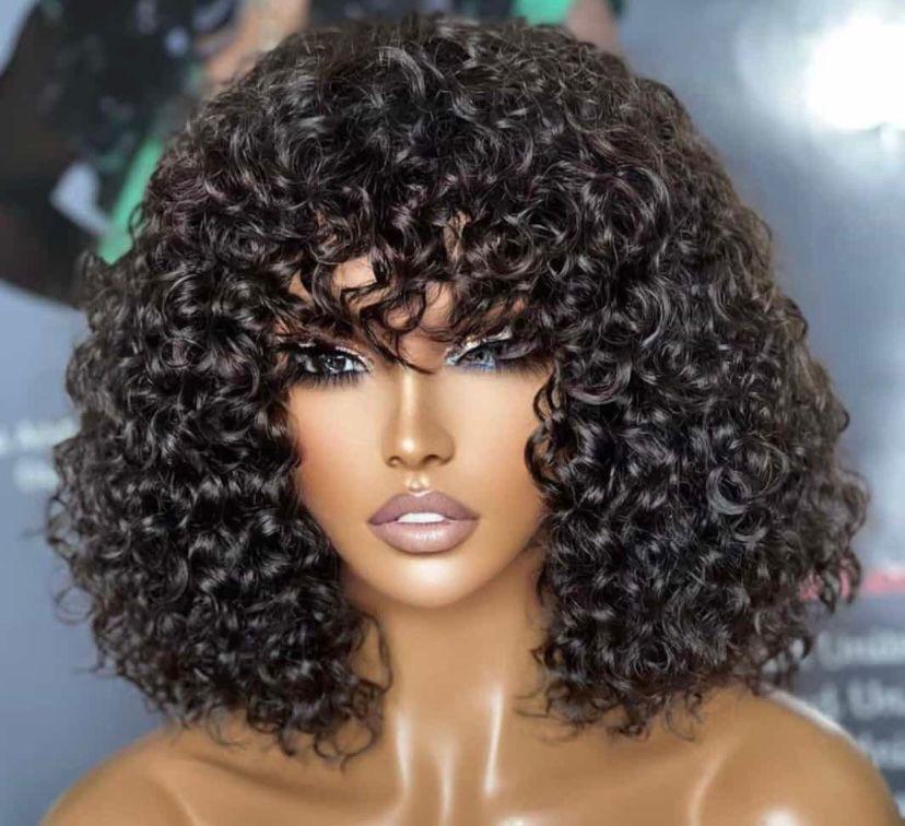 12 inch  Raw virgin hair wig, natural water wave curly glueless 200% Density.