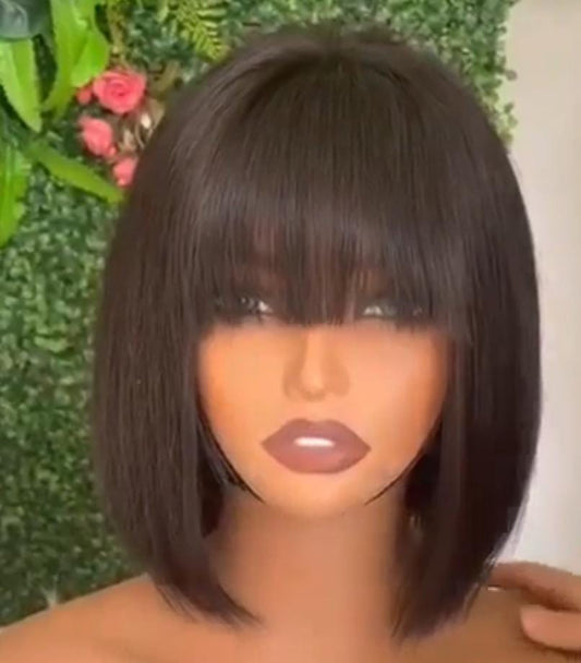 10 inch straight short fringe glueless wig. raw virgin hair