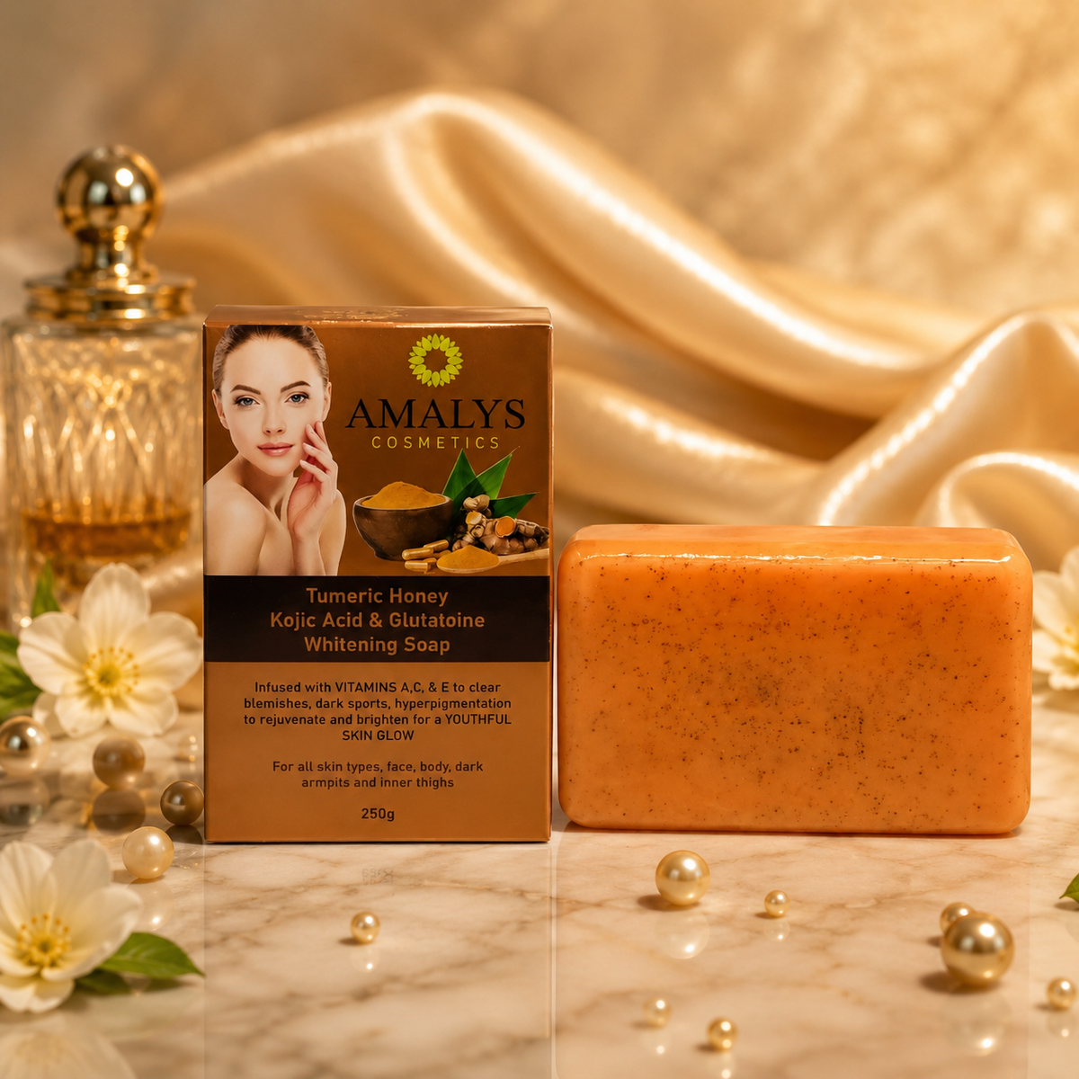 Amalys Cosmetics Turmeric Honey Kojic Acid & Glutathione Whitening Soap – Vitamins A, C & E, 250g