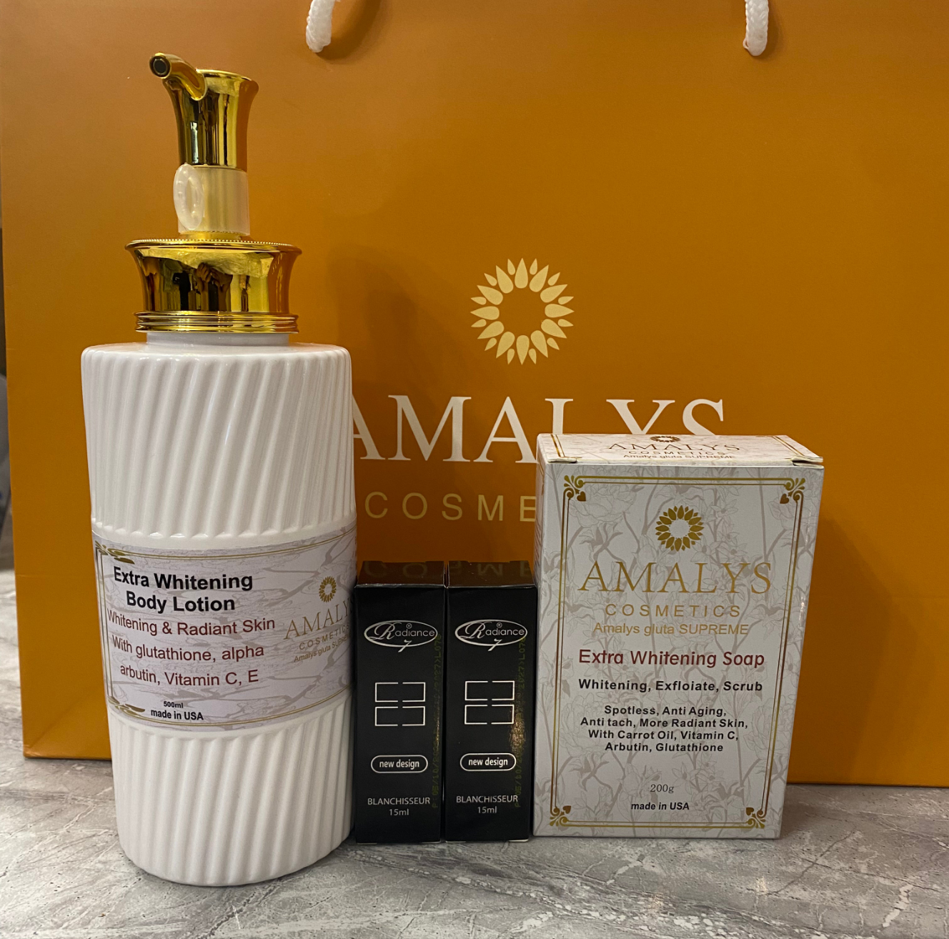 Amalys Supreme Extra Whitening Body Lotion + 2 Radiance 7 Lightening Repair Serum + Extra Whitening Soap