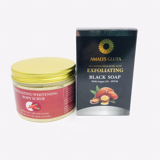 Amalys Gluta Exfoliating Whitening Body Scrub 300g And Glutathione & Kojic Acid Exfoliating Black Soap With Argan Oil - SPF50 250g